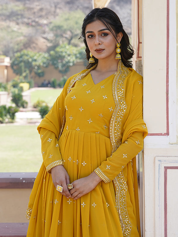 Yellow Faux Georgette with Embroidery Zari Sequins Gown With Dupatta