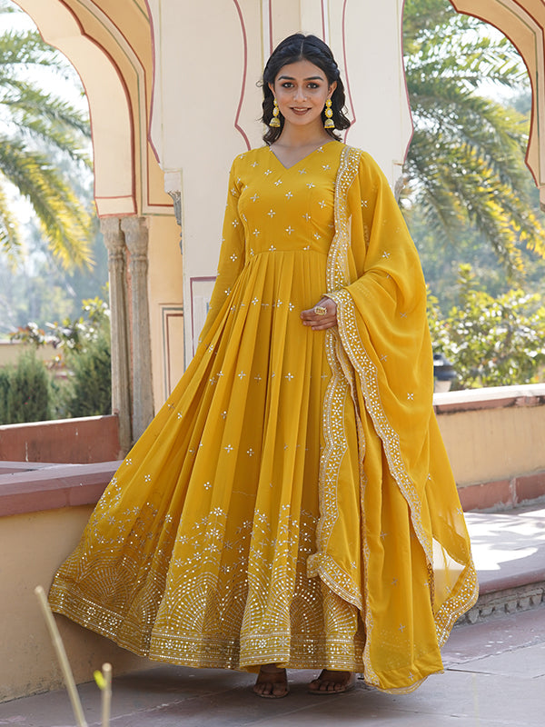 Yellow Faux Georgette with Embroidery Zari Sequins Gown With Dupatta