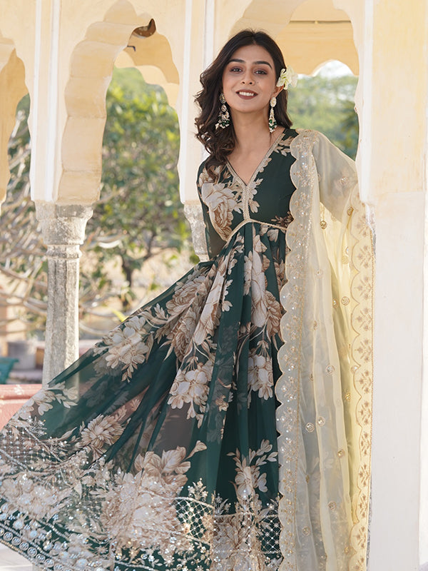 Dark Green Alia Cut Printed & Zari Embroidered Gown With Dupatta Set