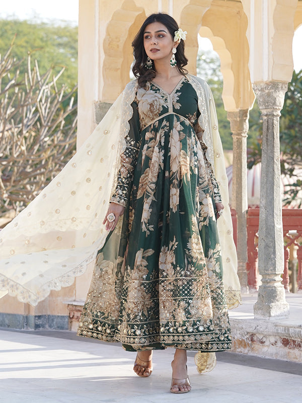 Dark Green Alia Cut Printed & Zari Embroidered Gown With Dupatta Set