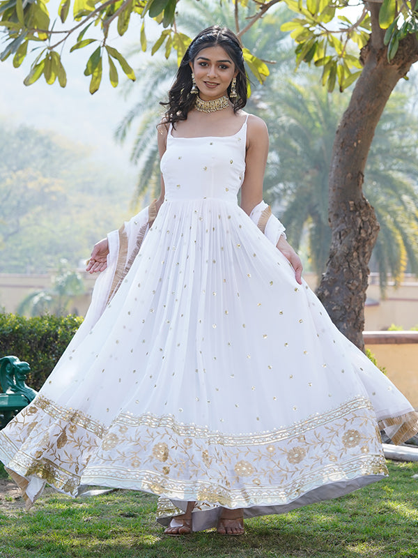 White Faux Blooming With Sequins Embroidered Gown With Dupatta