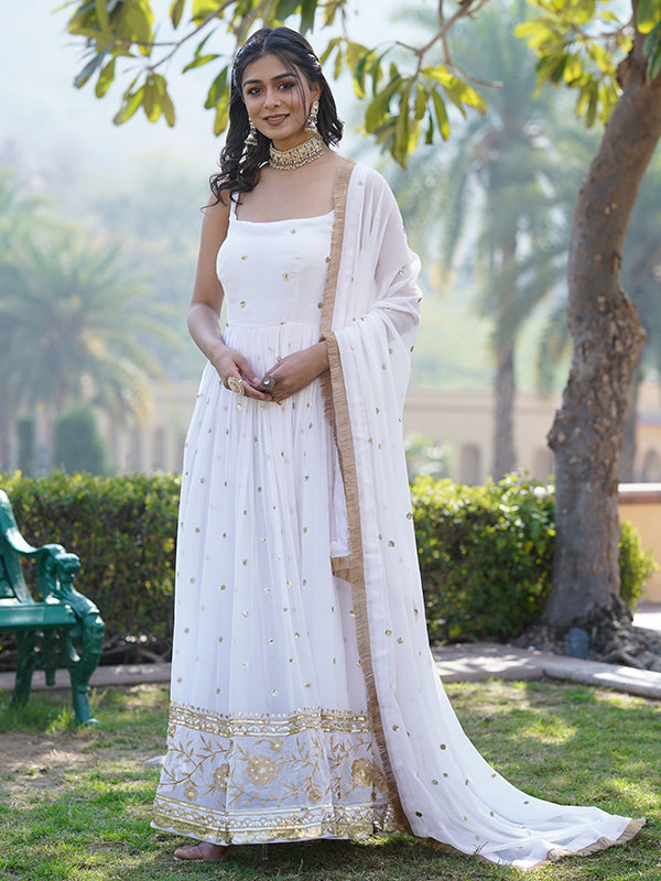 White Faux Blooming With Sequins Embroidered Gown With Dupatta