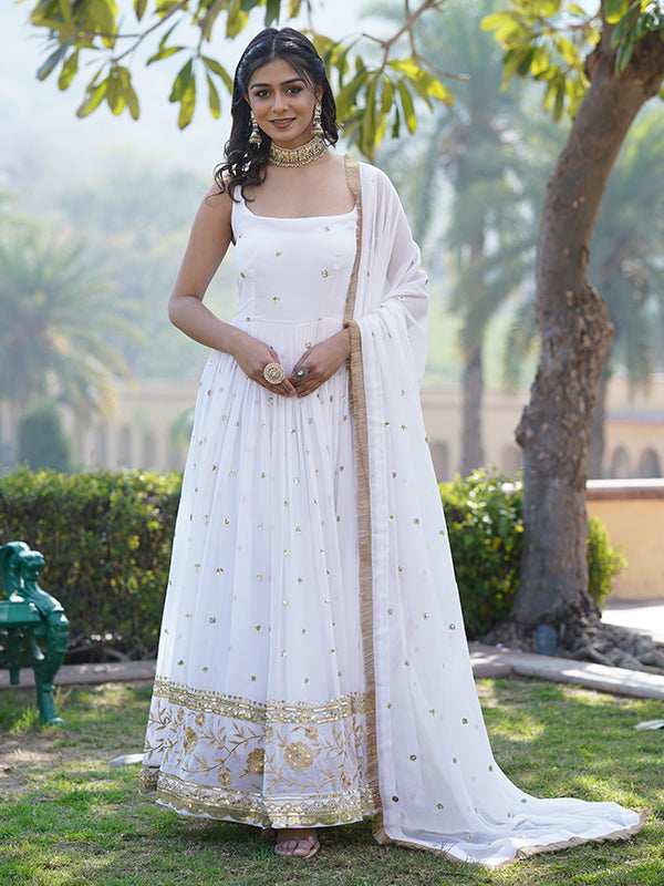 White Faux Blooming With Sequins Embroidered Gown With Dupatta