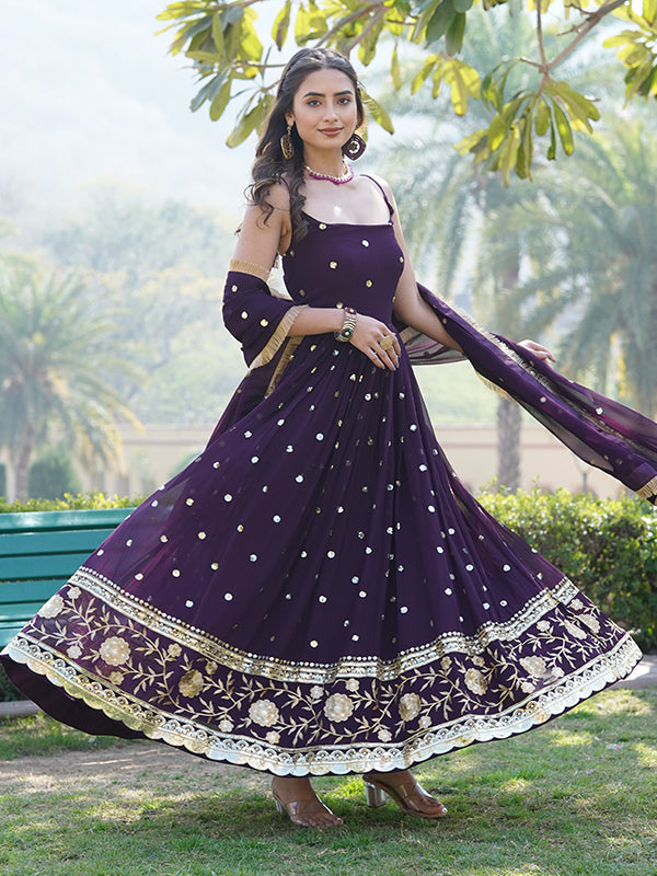 Wine Faux Blooming With Sequins Embroidered Gown With Dupatta