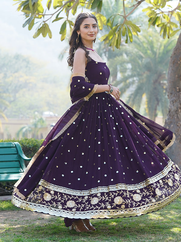 Wine Faux Blooming With Sequins Embroidered Gown With Dupatta