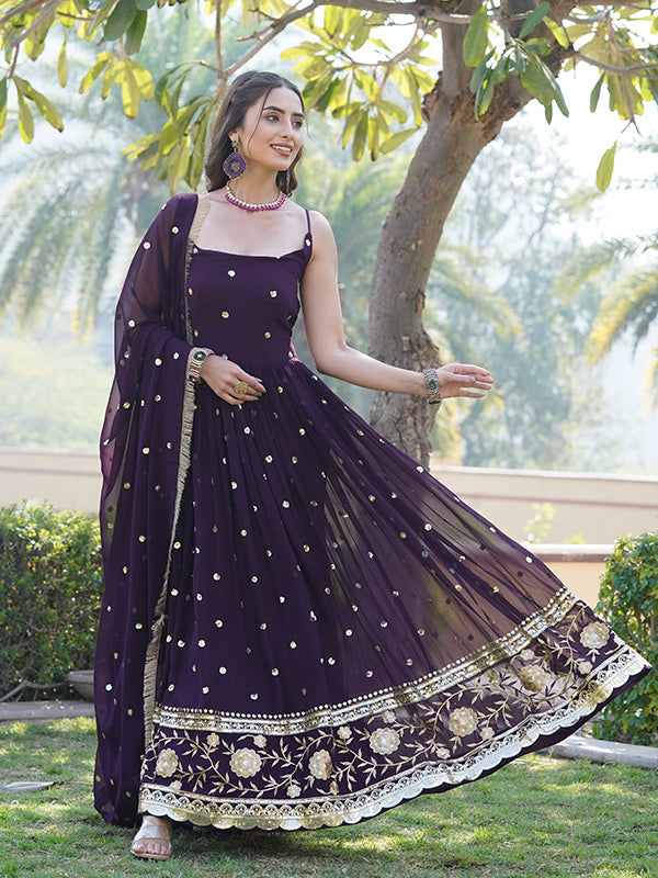 Wine Faux Blooming With Sequins Embroidered Gown With Dupatta