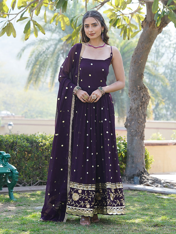 Wine Faux Blooming With Sequins Embroidered Gown With Dupatta