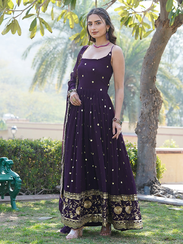 Wine Faux Blooming With Sequins Embroidered Gown With Dupatta