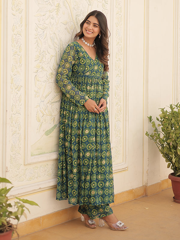 Rama Green Foil Printed Faux Georgette Kurti With Pant Set