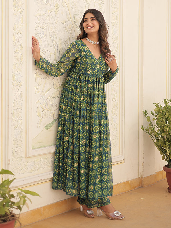 Rama Green Foil Printed Faux Georgette Kurti With Pant Set