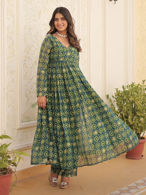 Rama Green Foil Printed Faux Georgette Kurti With Pant Set