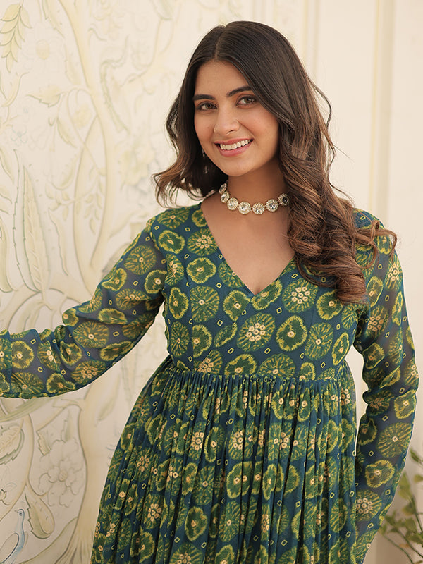 Rama Green Foil Printed Faux Georgette Kurti With Pant Set