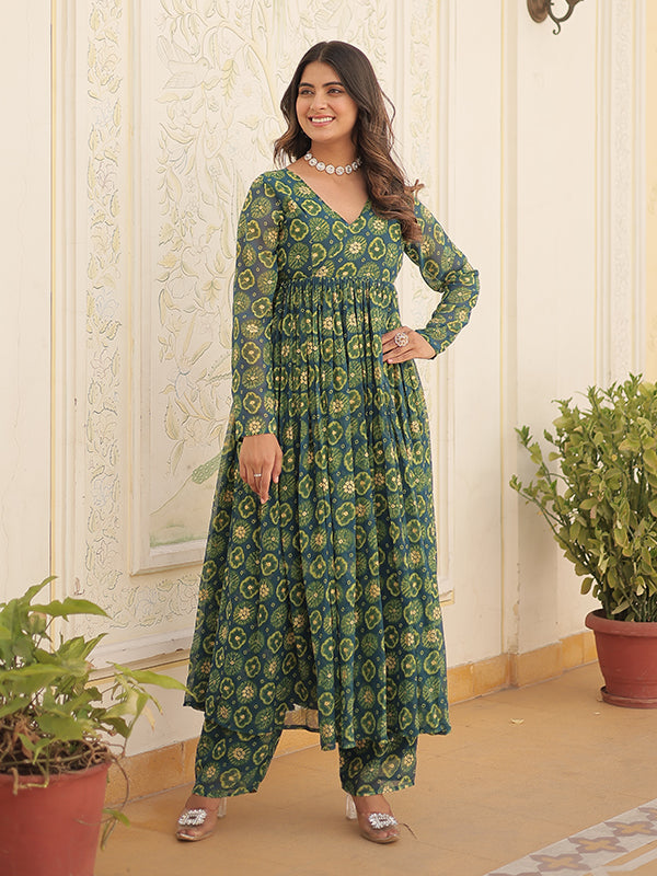 Rama Green Foil Printed Faux Georgette Kurti With Pant Set