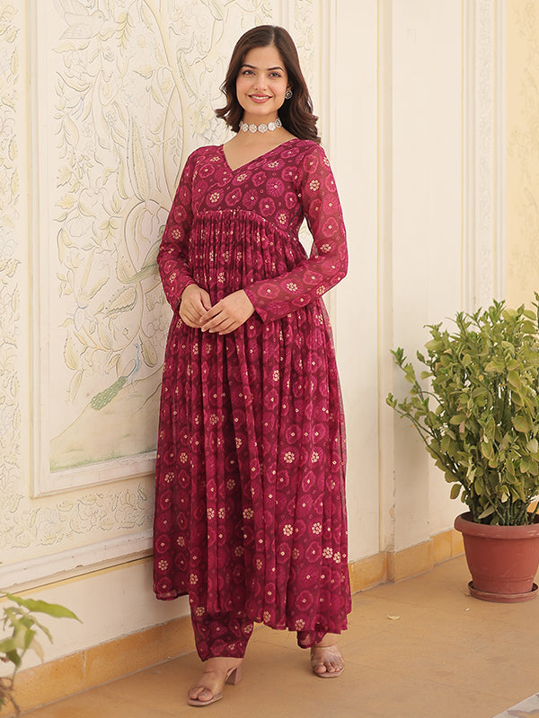 Wine Foil Printed Faux Georgette Kurti With Pant Set