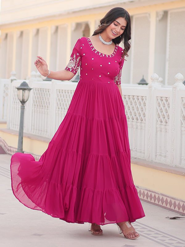 Rani Pink Faux Blooming With Embroidery Zari Sequins Gown