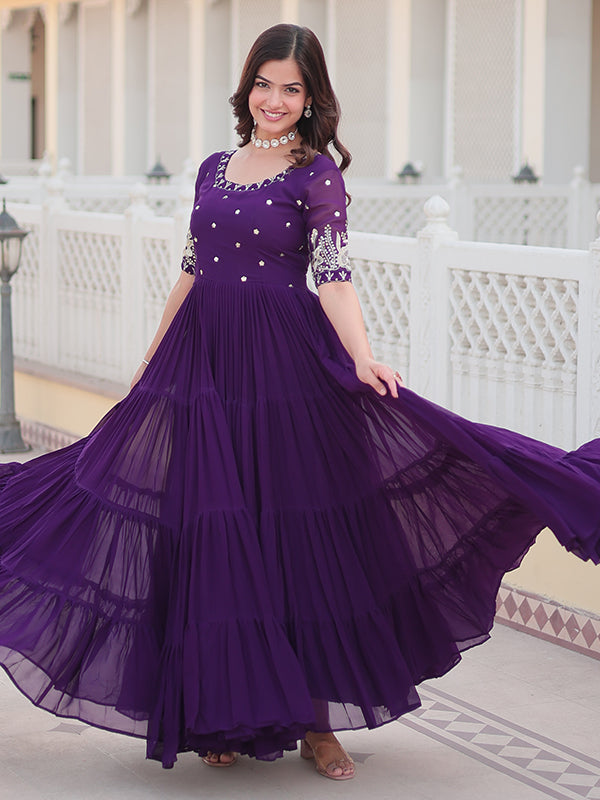 Purple Faux Blooming With Embroidery Zari Sequins Gown