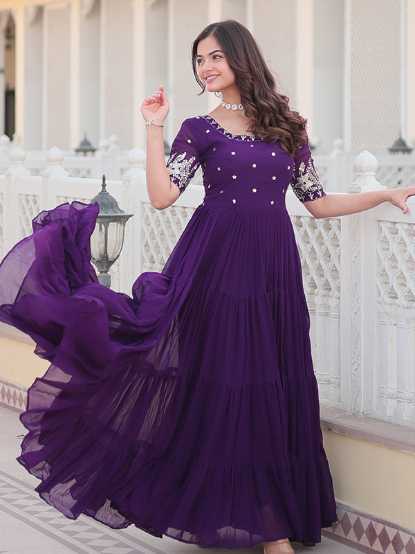 Purple Faux Blooming With Embroidery Zari Sequins Gown