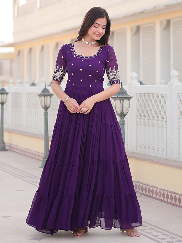 Purple Faux Blooming With Embroidery Zari Sequins Gown