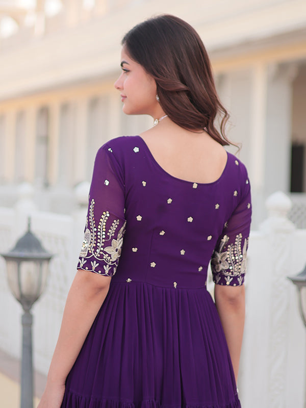 Purple Faux Blooming With Embroidery Zari Sequins Gown