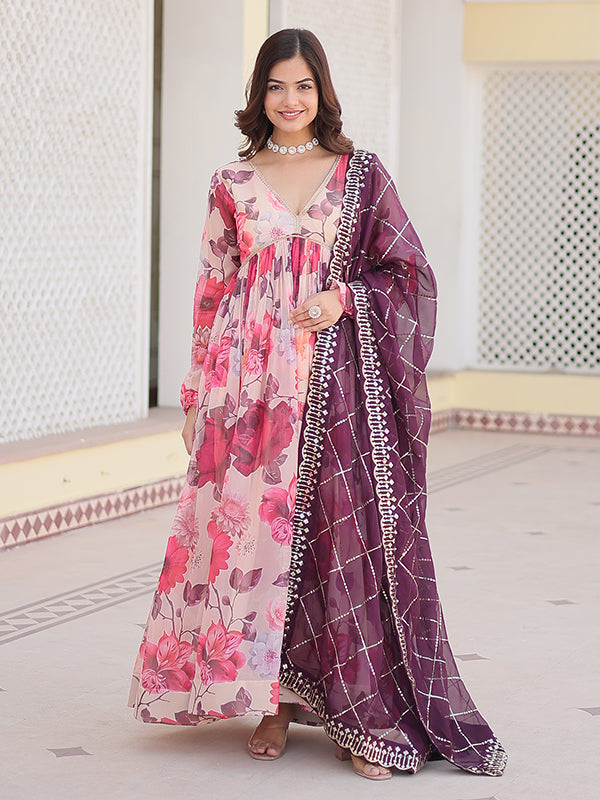 Pink Flower Printed Russian Silk Gown With Dupatta