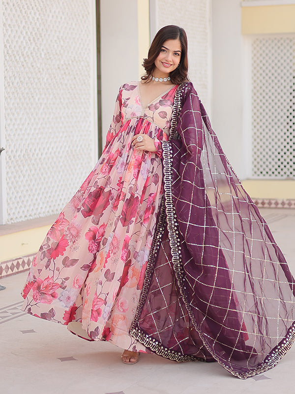 Pink Flower Printed Russian Silk Gown With Dupatta