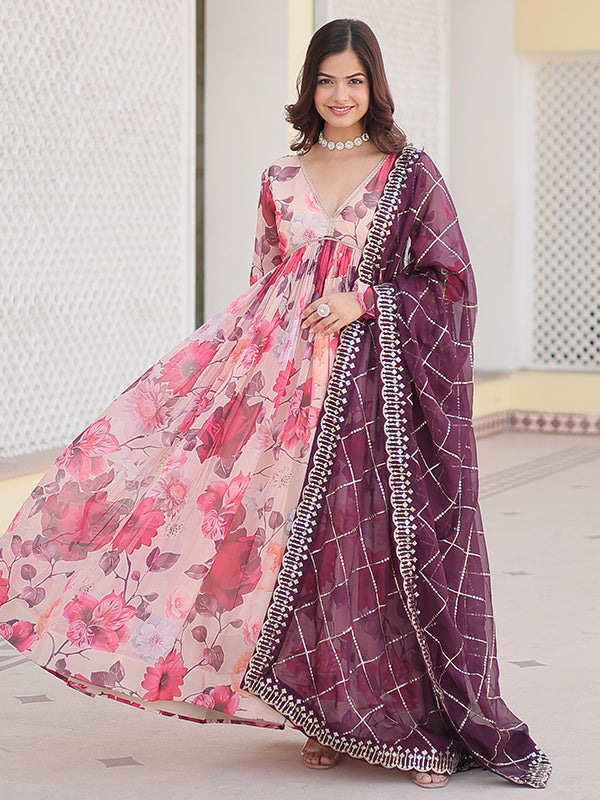 Pink Flower Printed Russian Silk Gown With Dupatta