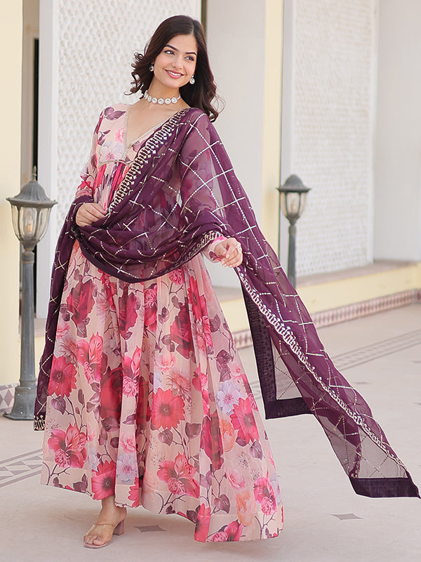 Pink Flower Printed Russian Silk Gown With Dupatta