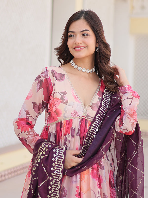 Pink Flower Printed Russian Silk Gown With Dupatta