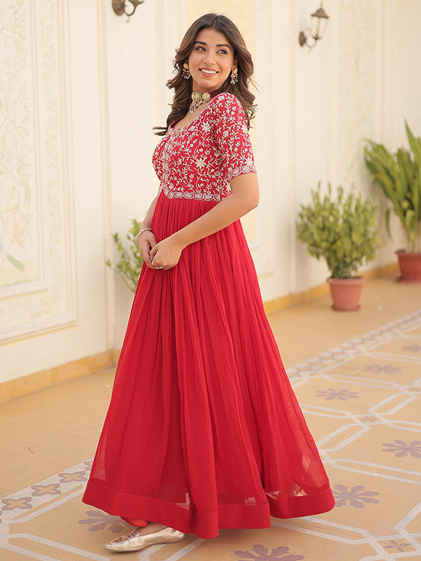 Red Faux Blooming With Embroidery Zari Sequins Gown