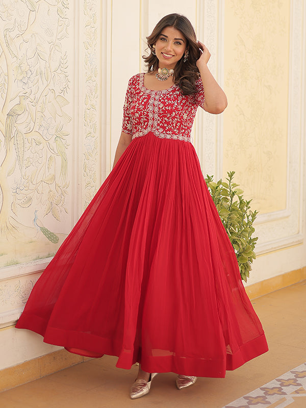 Red Faux Blooming With Embroidery Zari Sequins Gown