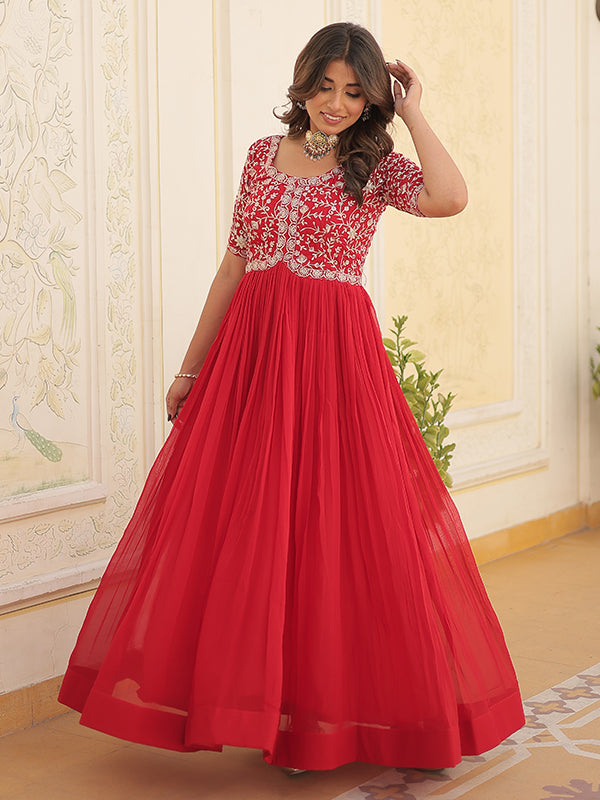 Red Faux Blooming With Embroidery Zari Sequins Gown