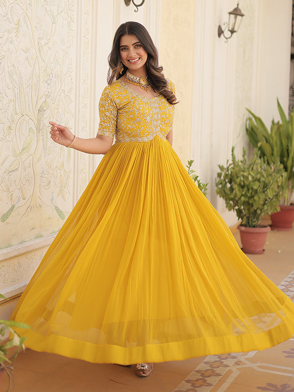 Yellow Faux Blooming With Embroidery Zari Sequins Gown