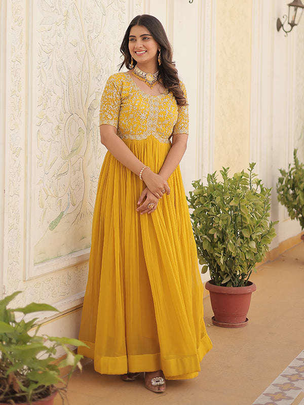 Yellow Faux Blooming With Embroidery Zari Sequins Gown