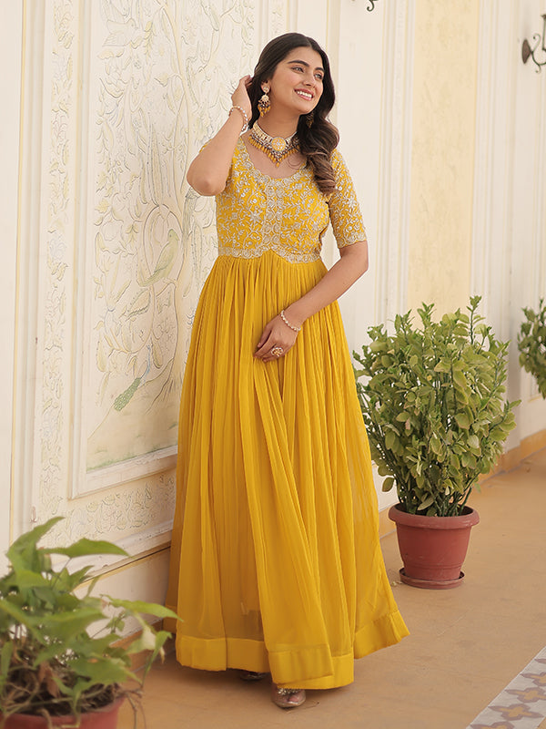 Yellow Faux Blooming With Embroidery Zari Sequins Gown