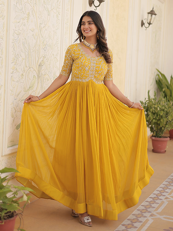 Yellow Faux Blooming With Embroidery Zari Sequins Gown