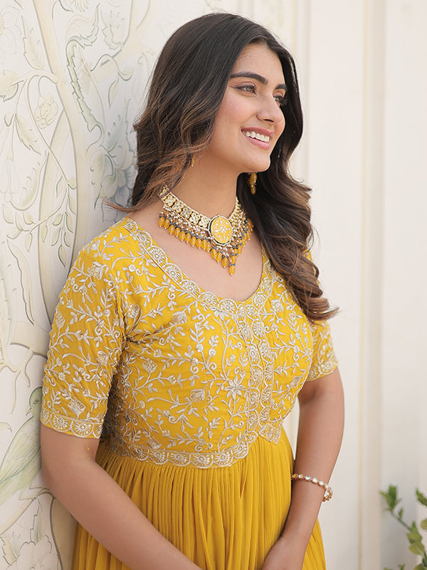 Yellow Faux Blooming With Embroidery Zari Sequins Gown