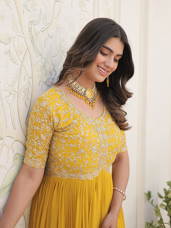 Yellow Faux Blooming With Embroidery Zari Sequins Gown