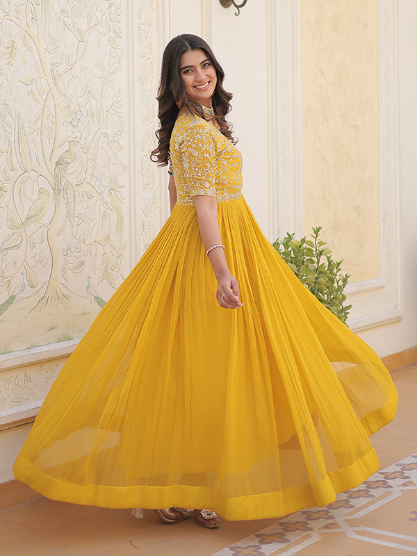 Yellow Faux Blooming With Embroidery Zari Sequins Gown