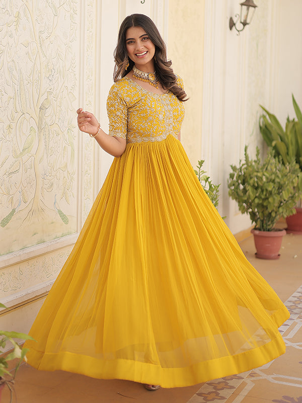 Yellow Faux Blooming With Embroidery Zari Sequins Gown