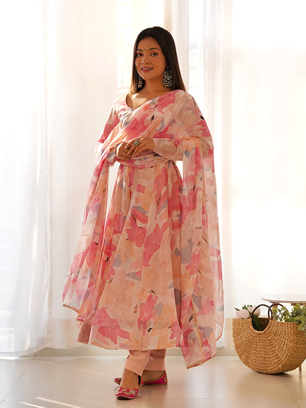 Light Pink Floral Printed Anarkali Kurti With Pant & Dupatta Set