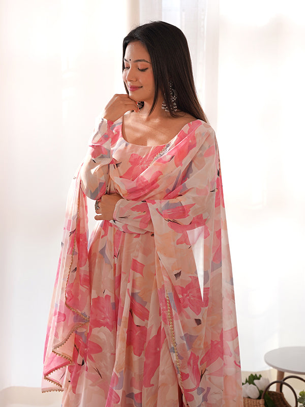 Light Pink Floral Printed Anarkali Kurti With Pant & Dupatta Set