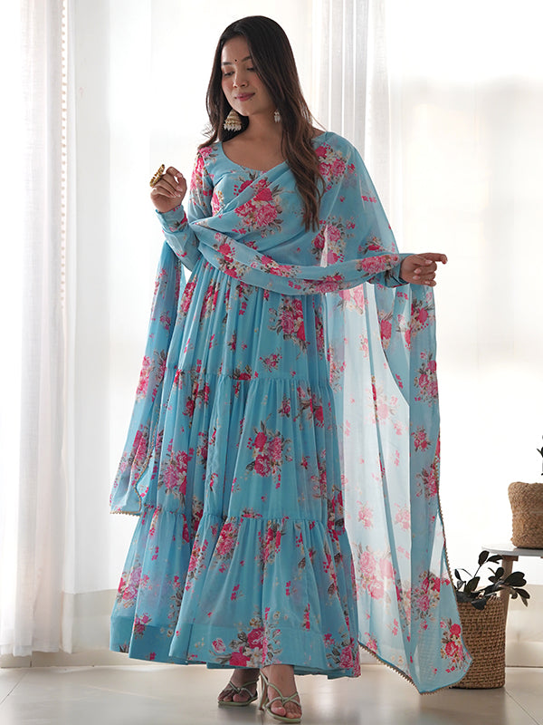 Sky Layered Flower Printed Anarkali Gown With Pant & Dupatta Set