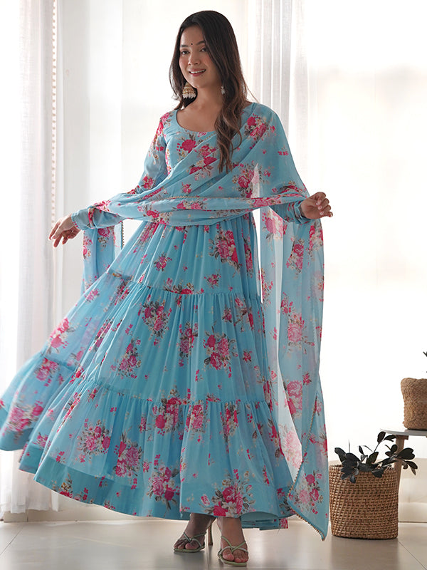 Sky Layered Flower Printed Anarkali Gown With Pant & Dupatta Set