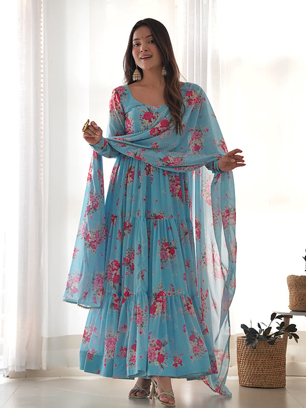 Sky Layered Flower Printed Anarkali Gown With Pant & Dupatta Set