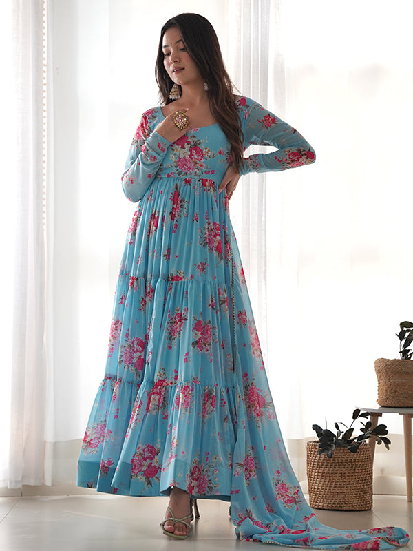 Sky Layered Flower Printed Anarkali Gown With Pant & Dupatta Set