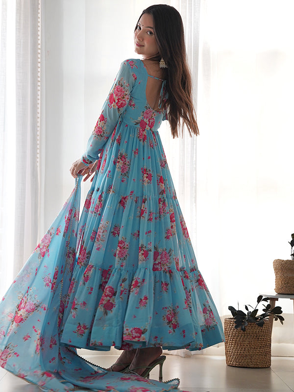 Sky Layered Flower Printed Anarkali Gown With Pant & Dupatta Set