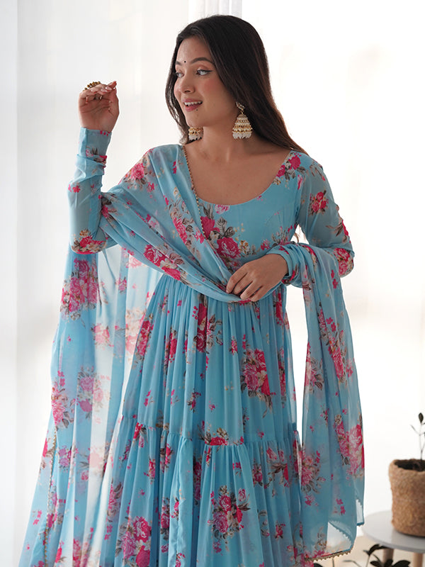 Sky Layered Flower Printed Anarkali Gown With Pant & Dupatta Set