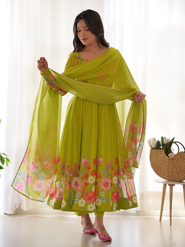 Flower Green Printed Anarkali Gown With Pant & Dupatta Set