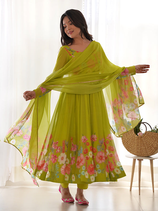 Flower Green Printed Anarkali Gown With Pant & Dupatta Set