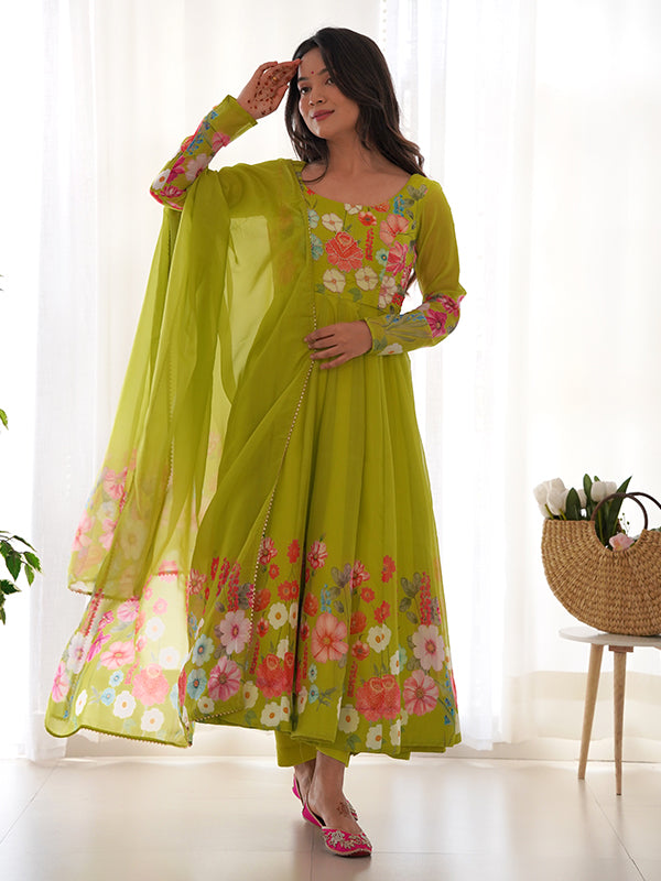 Flower Green Printed Anarkali Gown With Pant & Dupatta Set